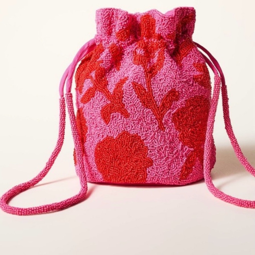 Pink & Red Floral Beaded Drawstring Crossbody Pouch